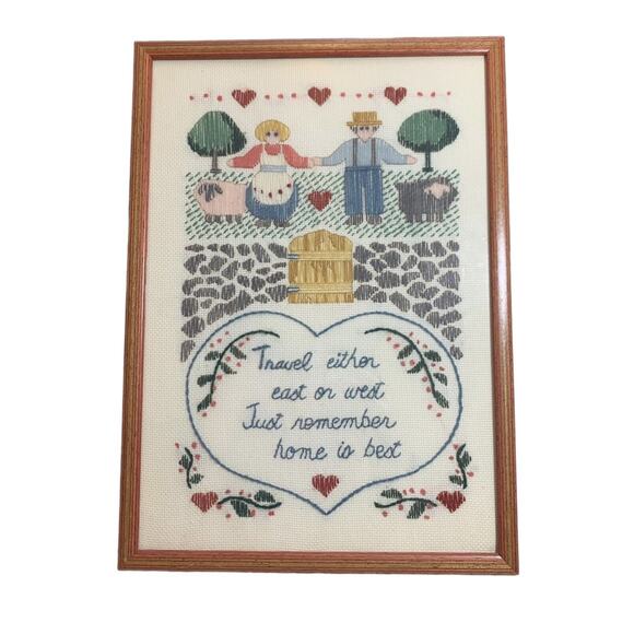 Vtg Framed Sampler Needlepoint Just Remember Home Is Best Granny Grandma Core - Picture 1 of 5
